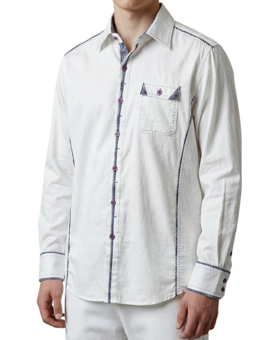 KAFE Men's White Long Sleeve Button Down Shirt with Navy Trim - Medium